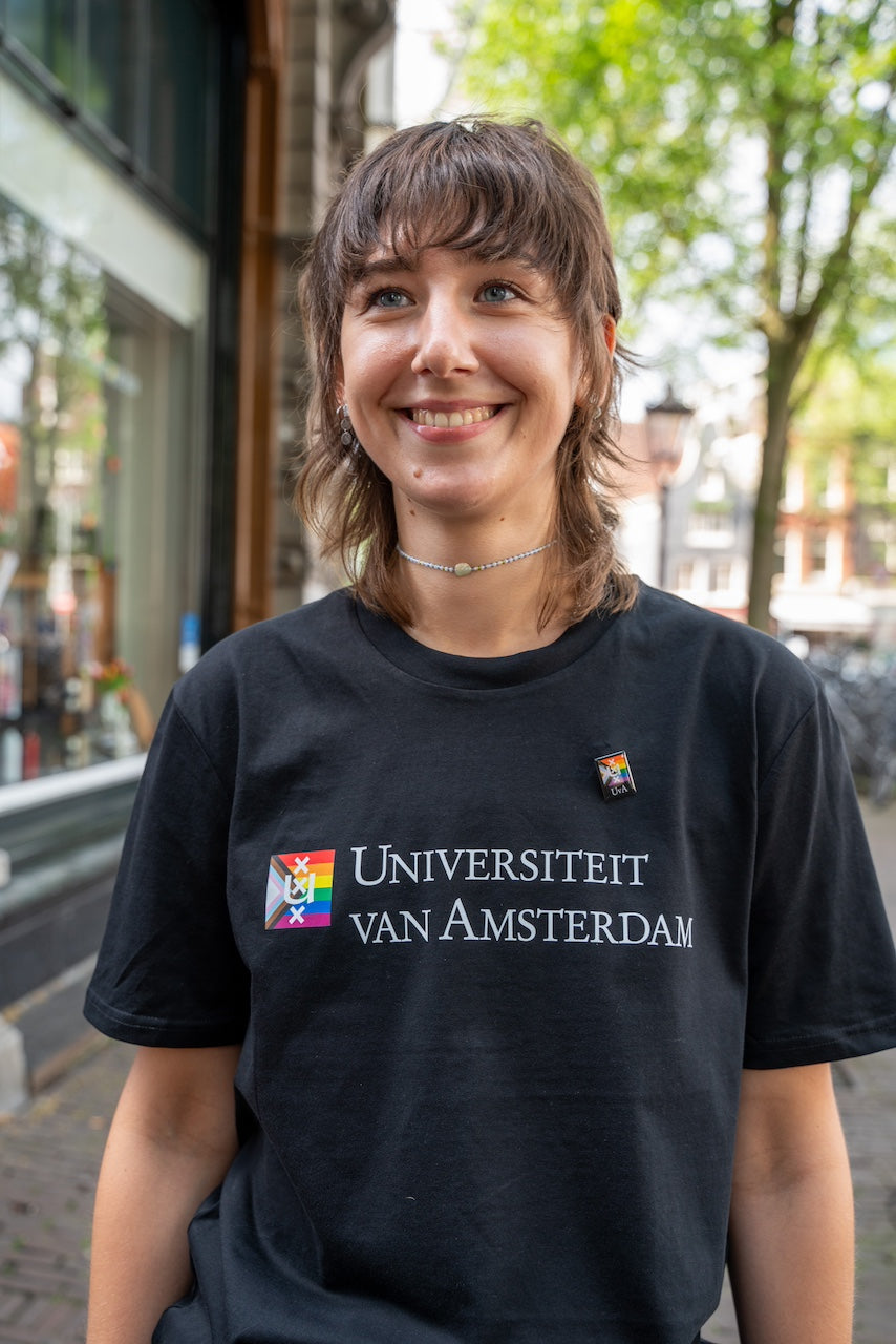 Pin with the University of Amsterdam Pride logo